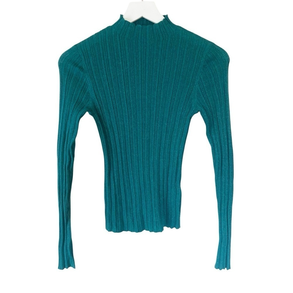 Pilcro Anthropologie Womens Metallic Green Teal Ribbed Knit Long Sleeve Shirt